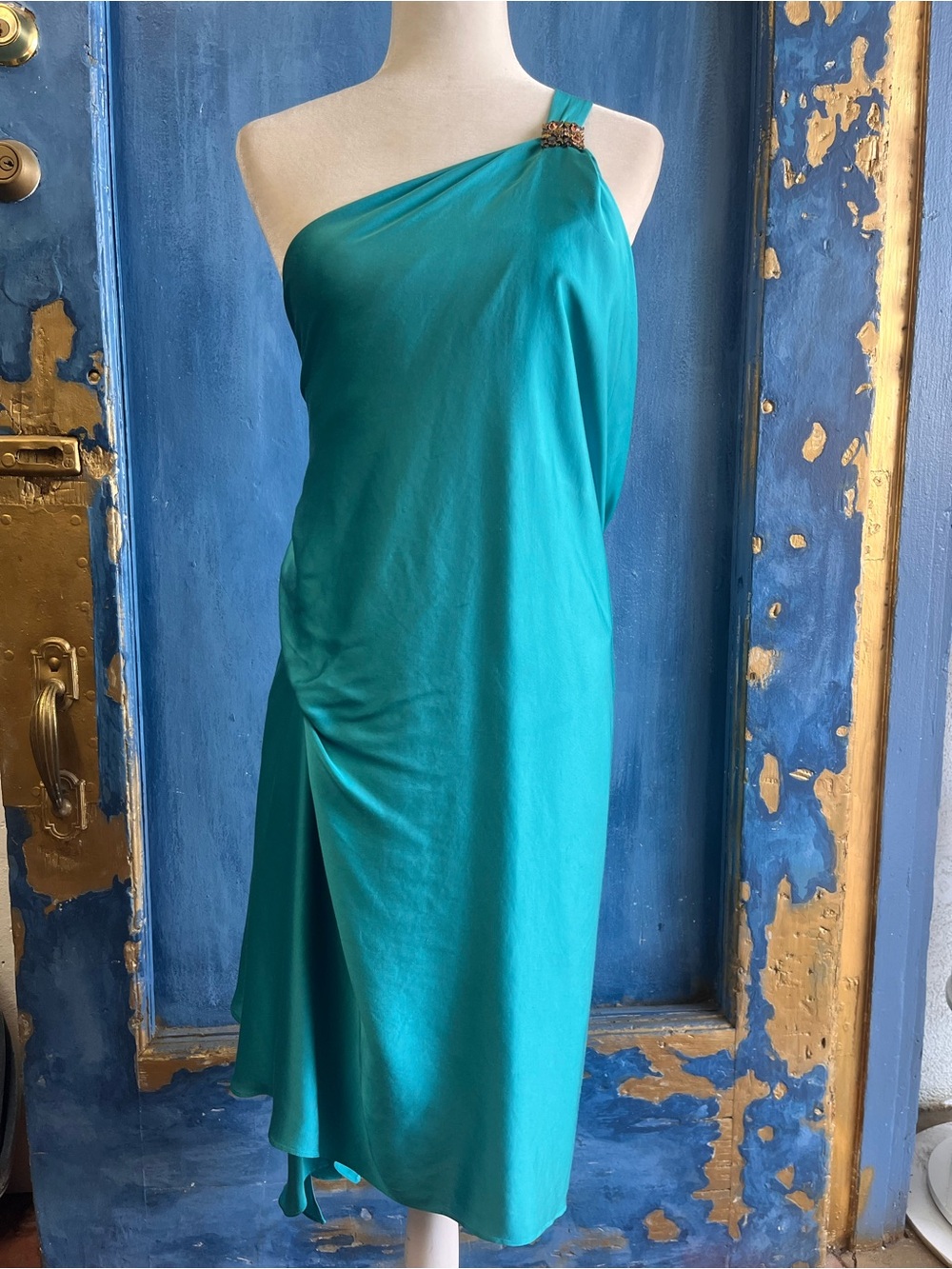 BCBGMaxAzria Teal One-Shoulder Draped Dress